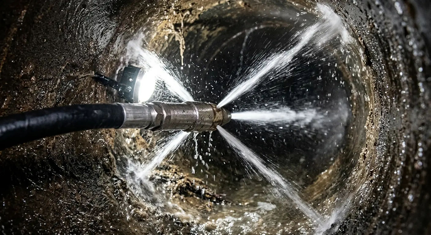 High-pressure hydro jetting nozzle cleaning sewer pipe for Storm Drain Cleaning in Bakersfield