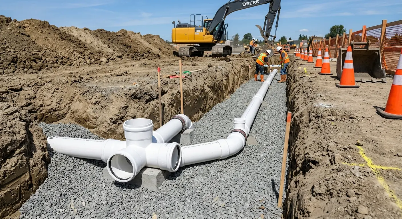 New PVC sewer pipe installation in open trench for Sewer Backup in Bakersfield