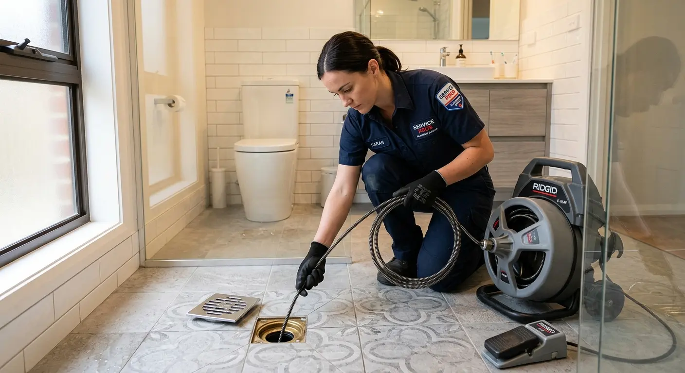 Technician clearing a bathroom floor drain for Sewer Line Replacement in Bakersfield